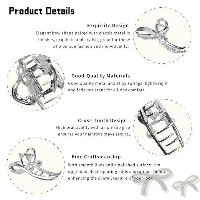 Metal Bow Hair Claw Clips Large Bow Hair Clips Silver Bowknot Jaw Clip for Thin Thick Hair Strong Hold Nonslip Stylish Hair Accessories for Women Girls