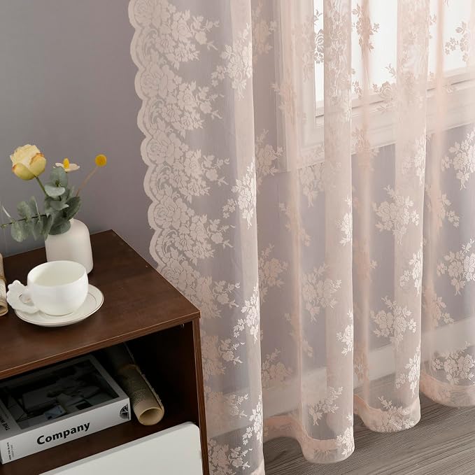 Kotile Blush Pink Floral Lace Curtains - Image 6