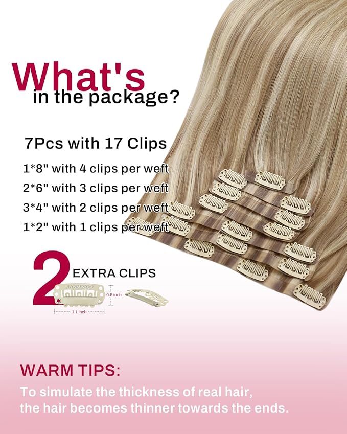 Moresoo Seamless Clip in Hair Extensions Human Hair Remy Straight PU Weft Human Hair Clip in Extensions Full Head Light Brown Highlight with Blonde 7pcs/120g 14inch