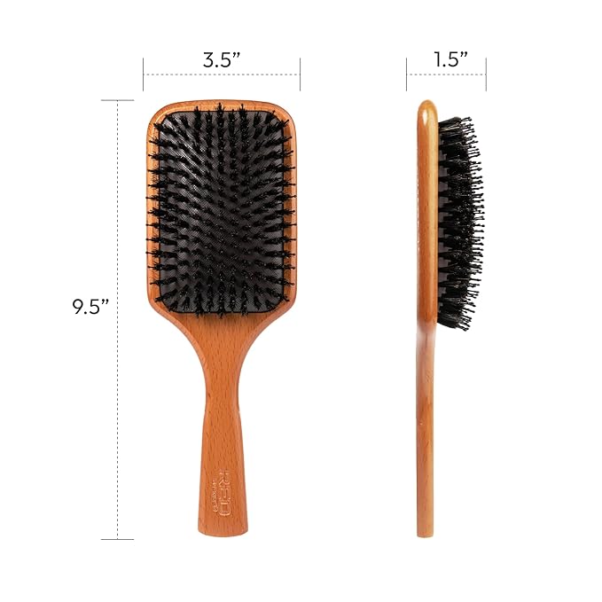 RED Premium 100% Evergreen Wooden Detangling Brush - Boar Bristle Paddle with Long Bristles for Thick, Curly, Thin, Wet or Dry Hair (Square) for Long Lasting Shine