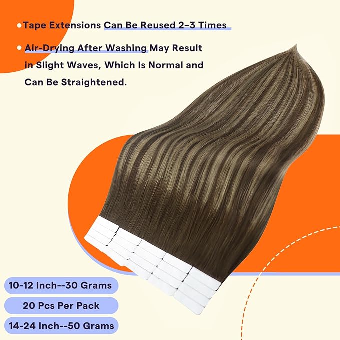 Full Shine Tape Ins Human Hair Extensions Color 4/24/4 Brown and Honey Blonde 22 Inch Invisible Seamless Skin Weft Tape in Hair Extensions 100 Grams Natural Soft and Silky Remy Hair 40PCS for Party