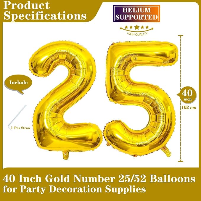 Gold 25 Number Balloons, 40 Inch Giant Number 25 Balloons Foil Mylar Helium - Image 2