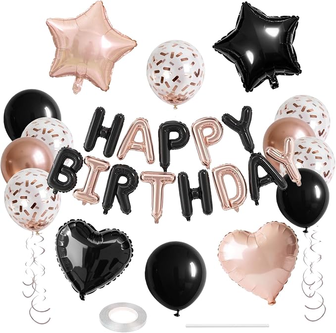 27 Pcs Rose Gold Black Birthday Decorations, 3D Letters Rose Gold Black Happy by WEIKA