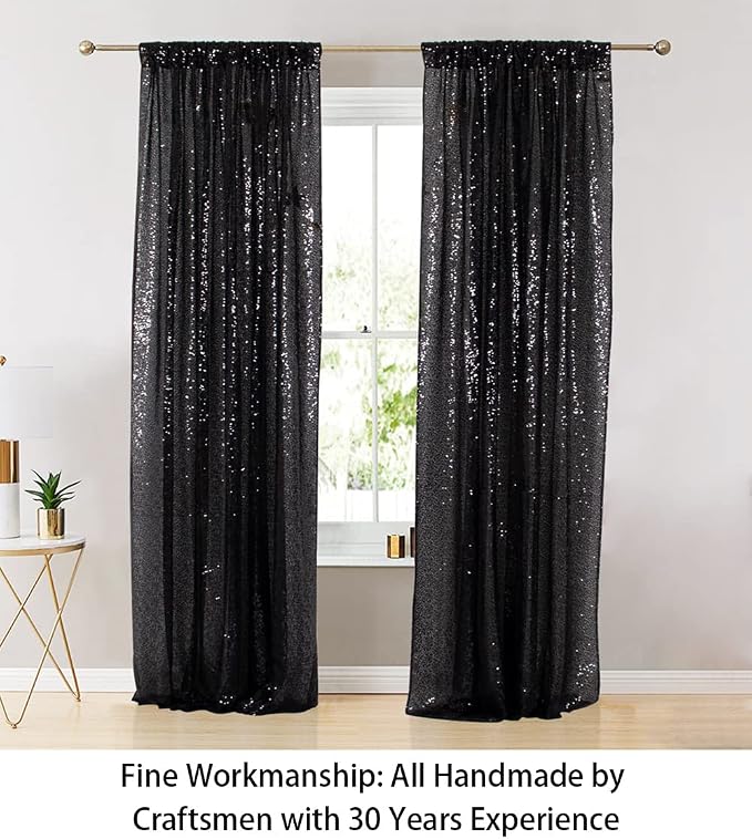 ShinyBeauty Sequin Curtains 2 Panels Black 2FTx8FT Sequin Photo Backdrop Black - Image 3
