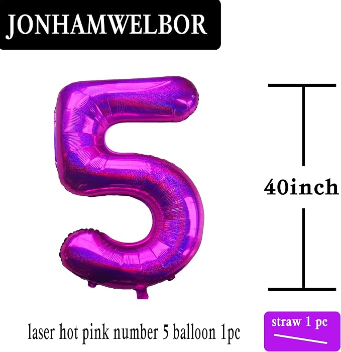 Jonhamwelbor 40 Inch Laser Hot Pink Number 5 Balloon Foil Mylar Giant Balloon - Image 2