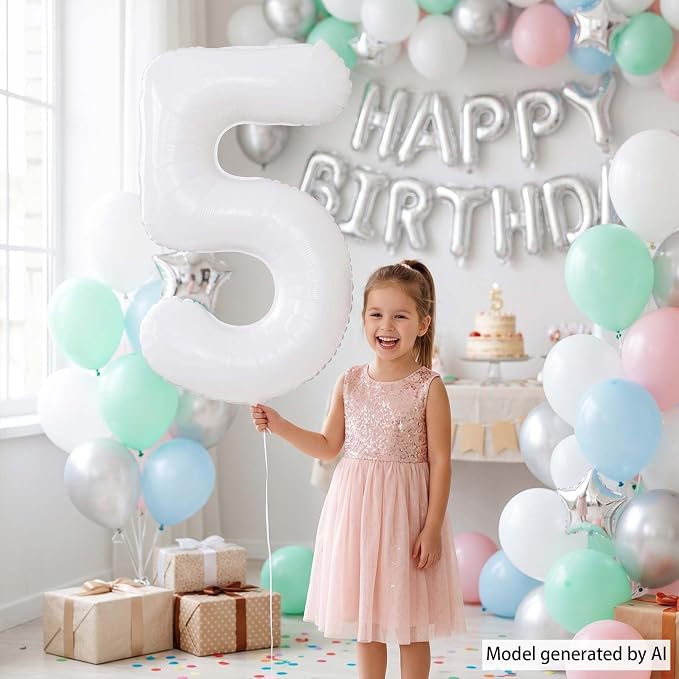 White Number 5 Balloon 40 Inch, Large Foil Mylar Five Balloon - Image 6