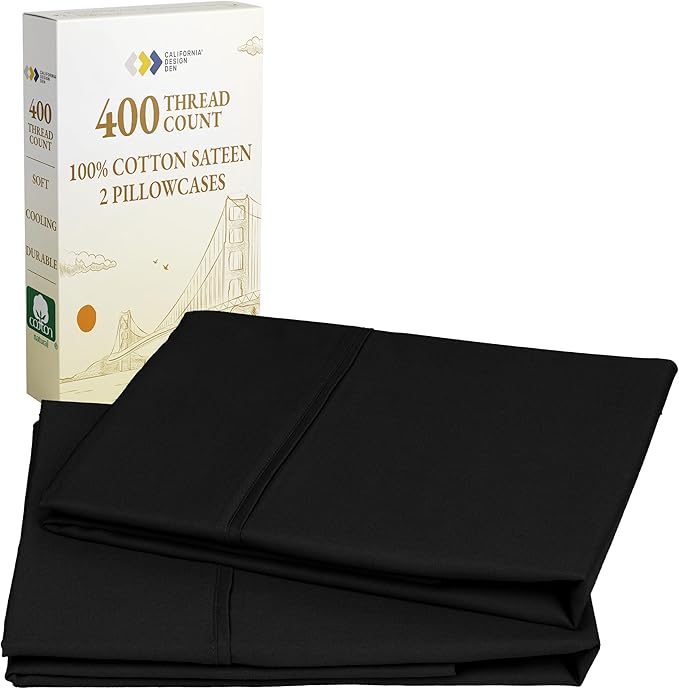 California Design Den King Size Pillowcase Set - 400 Thread Count, 100% Cotton Sateen, Set of 2 Pillow Covers, Soft and Breathable - Black