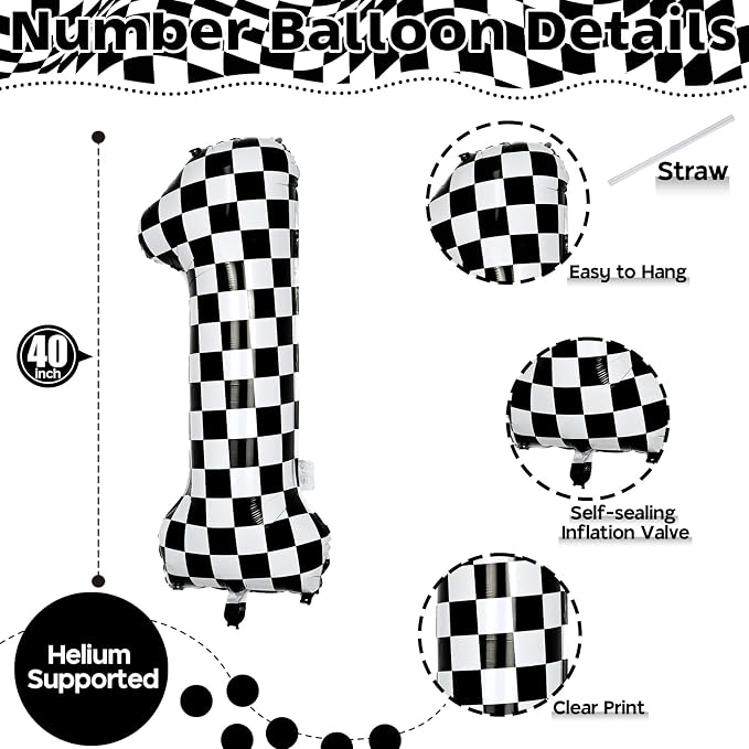 Checkered Number Balloon 1, Large Self Inflating Black and White Number 1 - Image 2