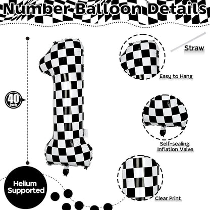 Checkered Number Balloon 1, Large Self Inflating Black and White Number 1 - Image 2