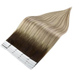 Full Shine 22 Inch Tape in Hair Extensions Color 2 Darkest Brown Fading to 18 Ash Blonde and 60 Platinum Blonde Invisible Tape in Human Hair Extensions 50G 20Pcs for Women Add Length