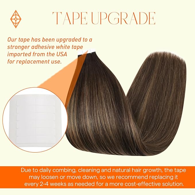 Full Shine Tape in Hair Extensions 16 Inch Invisible Tape Extensions Human Hair Color 2 Brown Fading to 8 Ash Brown and 2 Remy Hair Extensions Tape ins 50 Gram 20 Pcs Double Sided for Women