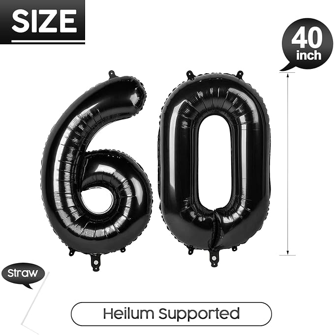 60 Balloon - Black Birthday Number Balloons, 40 Inch Decorations Men Women | - Image 5