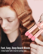 Waver Curling Iron Wand - BESTOPE PRO 5 in 1 Curling Wand Set with 3 Barrel Hair Crimper for Women, Fast Heating Crimper Wand Curler in All Hair Type, Women Gifts - Leather Pink