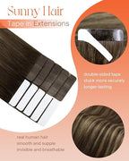 Sunny Hair Tape in Hair Extensions Real Human Hair Invisible Remy Hair Extensions Tape ins for Women Dark Brown Ombre Caramel Blonde Balayage 12 inch 20G