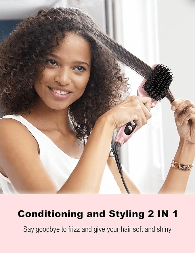 LANDOT Rose Gold Hair Straightener Brush - Elegant Gift for Women, Ionic Ceramic Straightening Brush for Smooth & Shiny Hair, Dual Voltage with 12 Adjustable Heat Settings 250°F-450°F