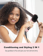 LANDOT Rose Gold Hair Straightener Brush - Elegant Gift for Women, Ionic Ceramic Straightening Brush for Smooth & Shiny Hair, Dual Voltage with 12 Adjustable Heat Settings 250°F-450°F