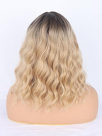 Blonde Wavy Wig with Bangs for Women Shoulder Length Synthetic Wigs Natural Wavy Blonde With Dark Brown Roots Wigs Heat Resistant for Daily Party Use