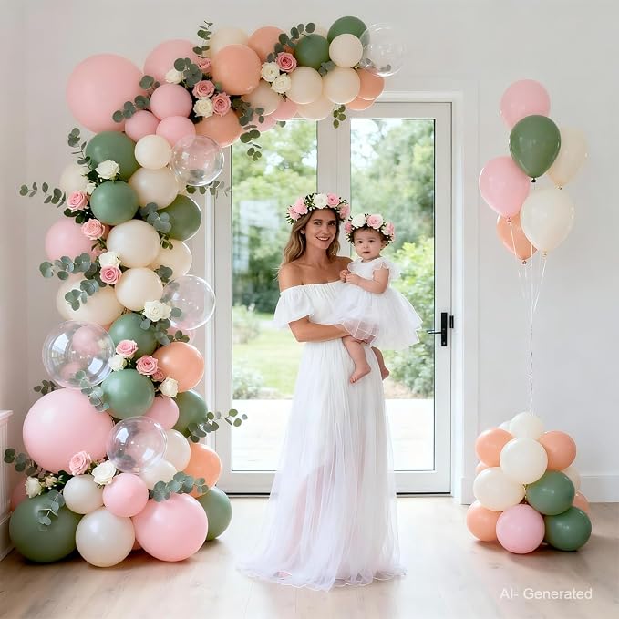 Pink and Sage Green Balloons Arch Kit, Dusty Green Sand White Orange, Party | - Image 4