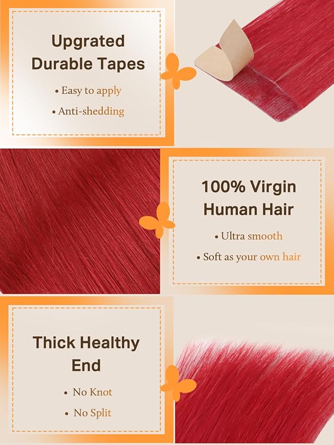 DOORES Human Hair Extensions Tape in Hair, Red Tape in Hair Extensions 22 Inch 10pcs 30g, Tape in Hair Extensions Human Hair Extensions Straight Hair