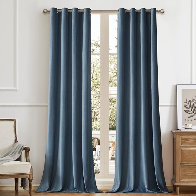 BULBUL Velvet Dusty Blue Blackout Curtains 90 inch Long by ModernShinyVelvetCurtains