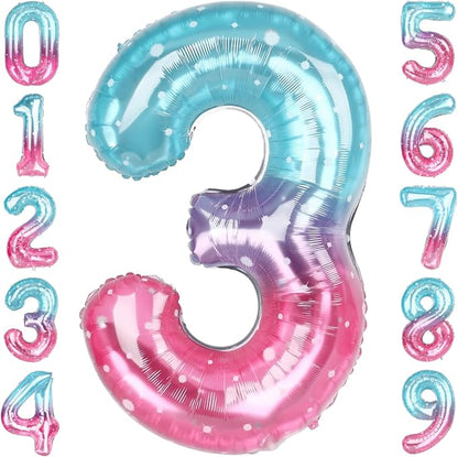 40 Inch Pink Blue Number 3 Balloon, Large Gradient Pink Blue Mylar Foil Number by Unknown