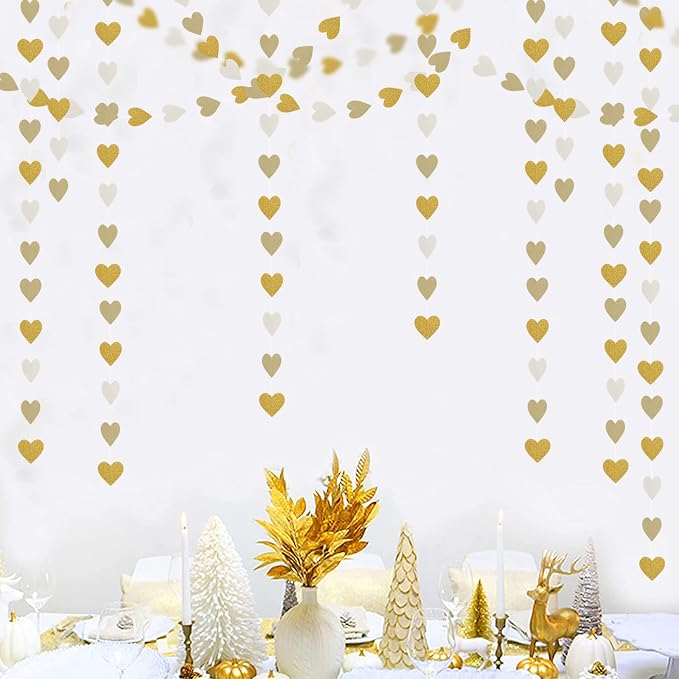 White-Gold Champagne Party-Decorations Heart Streamers Garland - 52Ft Christmas - Image 7