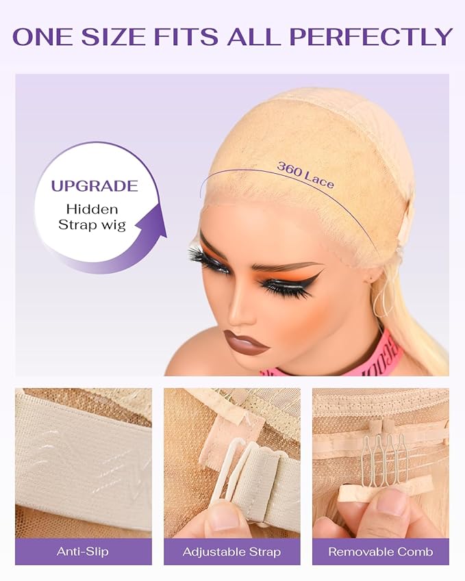 Hidden Strap Body Wave 360 613 Lace Front Wig Human Hair Glueless Wigs Human hair Pre Plucked Pre Bleached 180% Density Blonde Wig With Drawstring HD Full Lace Human Hair Wigs 32Inch