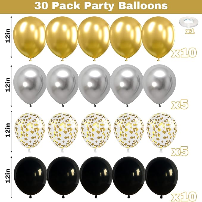 Jobkoo Black Gold Balloons, Metallic Gold Silver Black Latex Balloon - Image 2