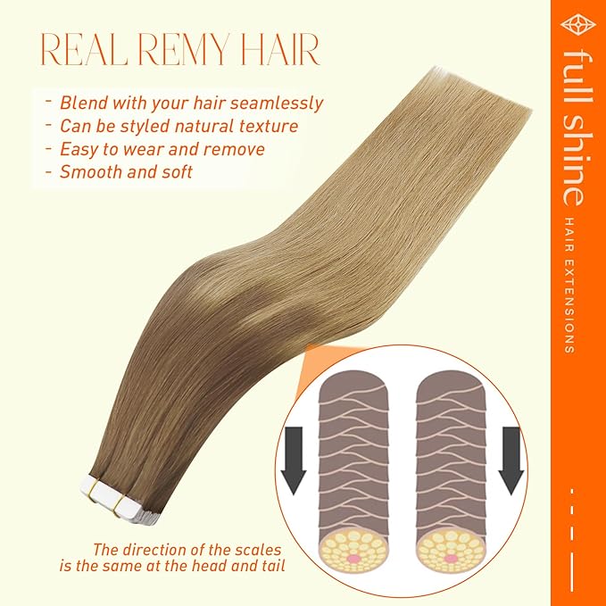 Full Shine Tape in Hair Extensions Human Hair 14 Inch Tape in Extensions Balayage Color 10 Light Brown Fading to 14 Golden Blonde Invisible Tape in Hair Extensions for Women 20 Pcs 50 Grams Remy Glue