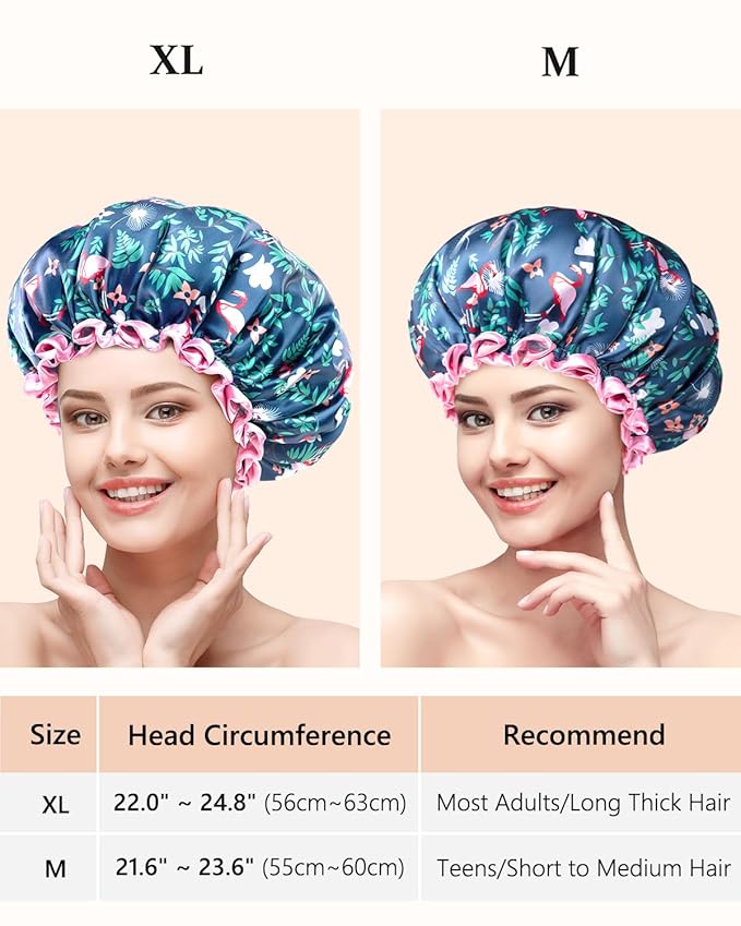 mikimini Medium Shower Cap for Girls and Women, Flamingo Shower Caps with Pink Lace, Reusable Waterproof Bathing Shower Hat for Girls