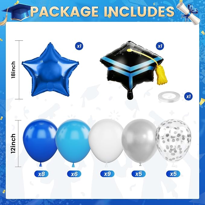 Blue Silver Graduation Balloons, Royal Light Blue Silver White Confetti Balloons - Image 2