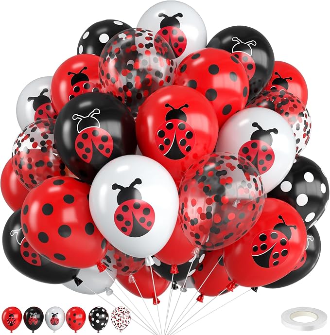 Ladybug Balloons, 12 Inch Ladybug Print Red Black White and Polka Dots Balloon by FunHot