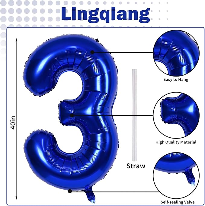 Navy Blue Number 3 Balloon, 40In Large Dark Blue Foil Number Balloons Set 0-9 - Image 2