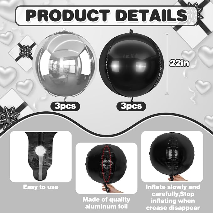 6Pcs Silver Black Round Foil Balloons, Giant 4D Round Ball Balloon, 22 Inch - Image 2