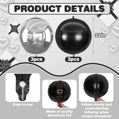 6Pcs Silver Black Round Foil Balloons, Giant 4D Round Ball Balloon, 22 Inch - Image 2