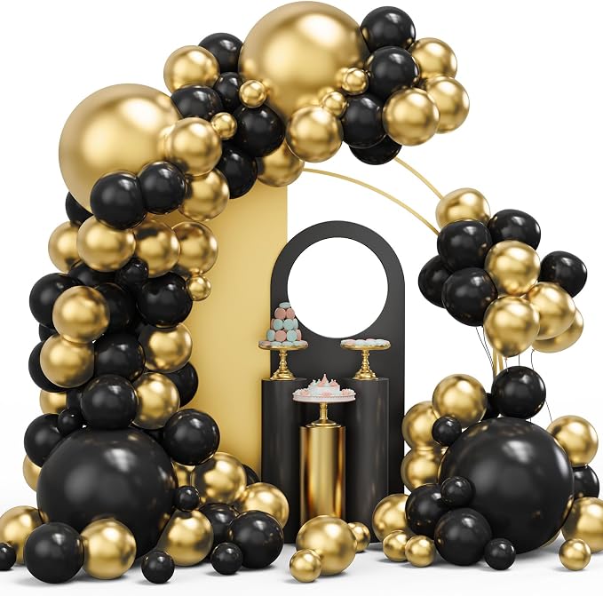 Black and Gold Balloons Garland Arch Kit, New Year, Anniversary Party by YMSZ
