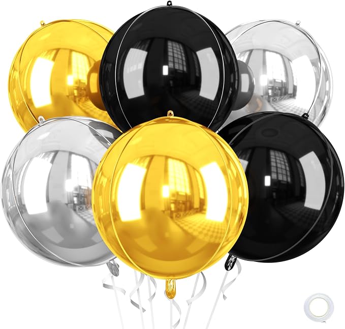 Black and Gold Round Foil Balloons, 22 Inch 4D Sphere Metallic Balloons by Saxuxu