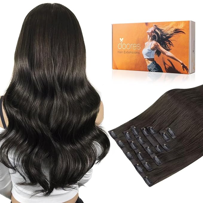 DOORES Clip in Hair Extensions Human Hair, Mocha Brown 16 Inch 130g 7pcs, Seamless Clip in Hair Extensions Invisi Edge Hair Extensions Remy Hair Extensions Insible Weft Natural Straight