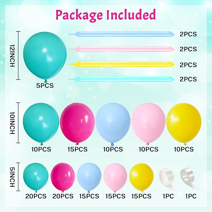 155 Pcs Summer Rainbow Balloons Arch Kit, Hot Pink Teal Blue and Yellow Neon - Image 3