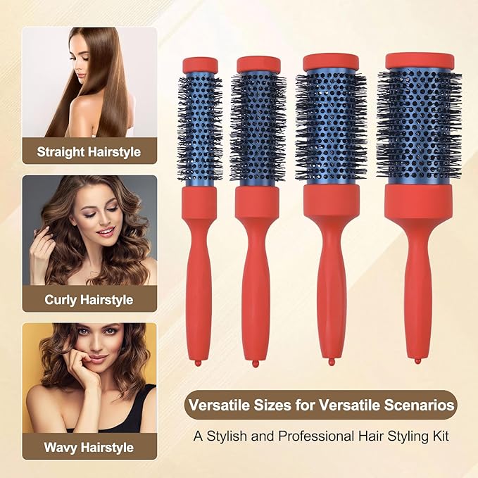 Round Brush Set for Blow Drying & Curling - Ceramic Ion Thermal Barrel Brushes 4 Sizes - Leaves Hair Shiny, Wooden Handle, Heat Styling blowout Brush Work with Blow Dryer for Women & Men (Orange)
