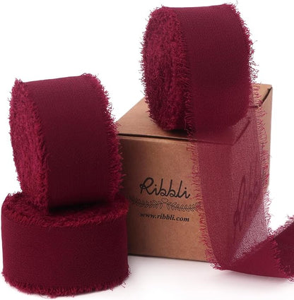 Ribbli Burgundy Ribbon 1 Inch x 3 Rolls Total 24 Yards Handmade Fringe Chiffon by Ribbli