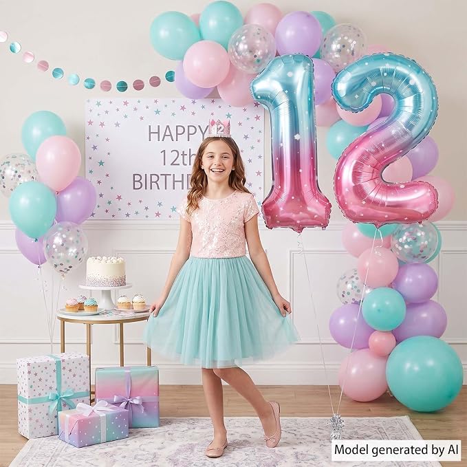 40 Inch Blue Pink Number 12 Balloon, Ombre Foil Tween Birthday Party Decor | - Image 2