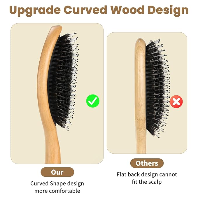 Hair Brush, Boar Bristle Hair Brushes for Women men Kid, Curved Boar & Nylon Bristle Brush for Wet/Dry Hair Smoothing Massaging Detangling, Everyday Brush Enhance Shine & Health