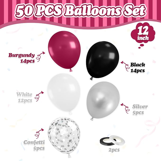 FunHot Maroon Balloons, 12 Inch Burgundy Metallic Silver Confetti Latex Balloons - Image 2