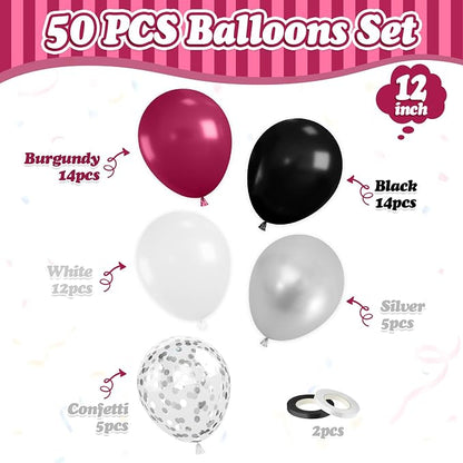 FunHot Maroon Balloons, 12 Inch Burgundy Metallic Silver Confetti Latex Balloons - Image 2