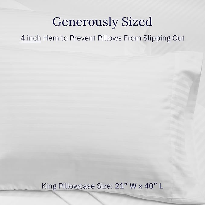 California Design Den King Size Pillowcase Set - 400 Thread Count, 100% Cotton Sateen, Set of 2 Pillow Covers, Soft and Breathable - Striped Bright White