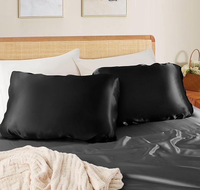 SiinvdaBZX Black Satin Pillowcase Standard/Queen Size Set of 2, Silky Travel Elastic Band Satin Pillow Case for Hair and Skin, Soft Portable & Fit for Various Pillow