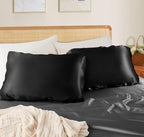 SiinvdaBZX Black Satin Pillowcase Standard/Queen Size Set of 2, Silky Travel Elastic Band Satin Pillow Case for Hair and Skin, Soft Portable & Fit for Various Pillow
