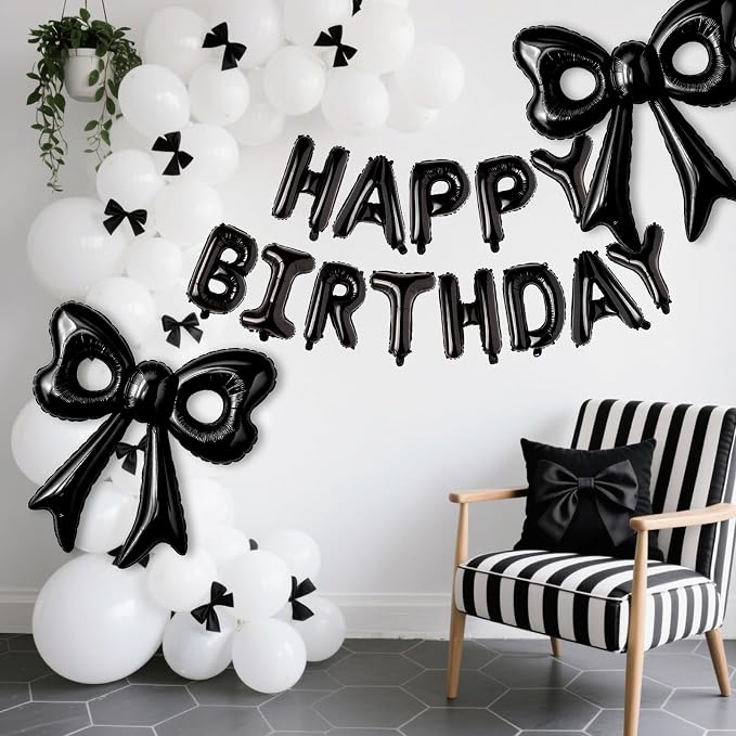 Black Happy Birthday Balloons, 31”Huge Black Bow Aluminum Foil Balloon Banner - Image 3
