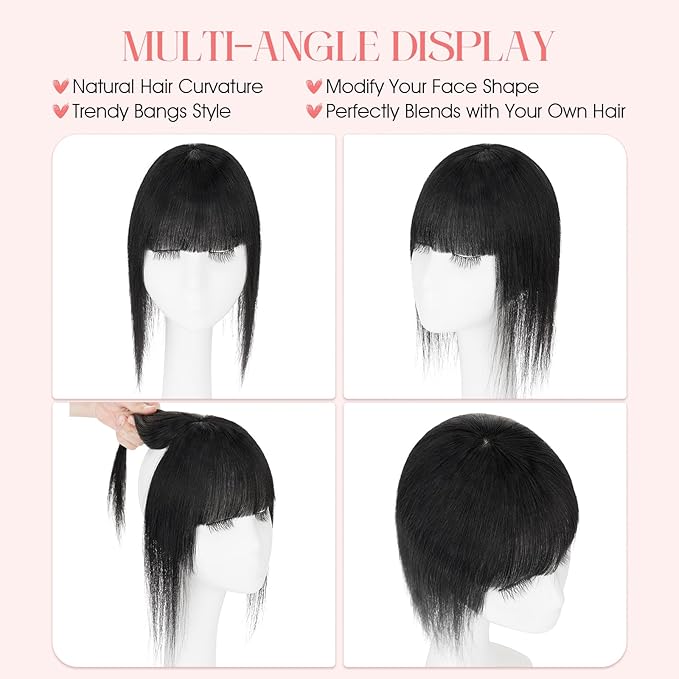 Hairro Mono Hair Toppers with Bangs, 3.4" x 3.4" Mono Base 100% Real Human Hairpieces for Women, 150% Density Clips In Topper for Greyish Thinning Hair, 12 Inch Jet Black